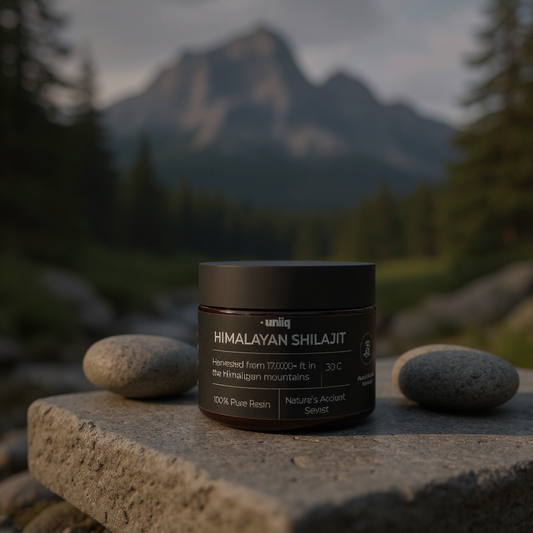 Himalayan Shilajit fra Uniiq på en stein med fjell i bakgrunnen