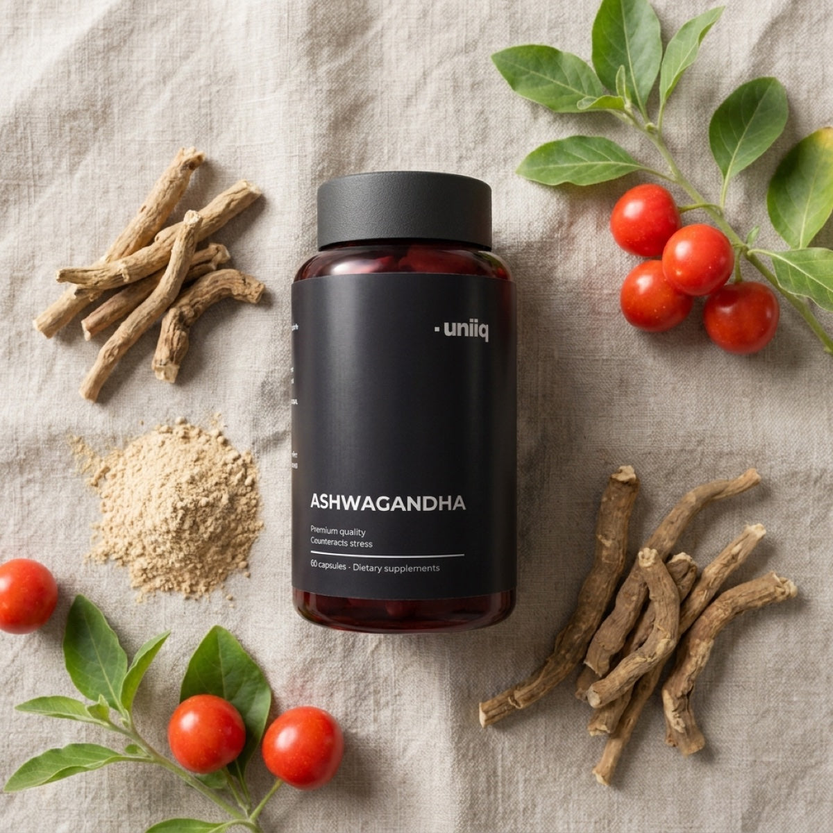 Uniiq Ashwagandha med tørkede ashwagandha-røtter, rotpulver og røde bær