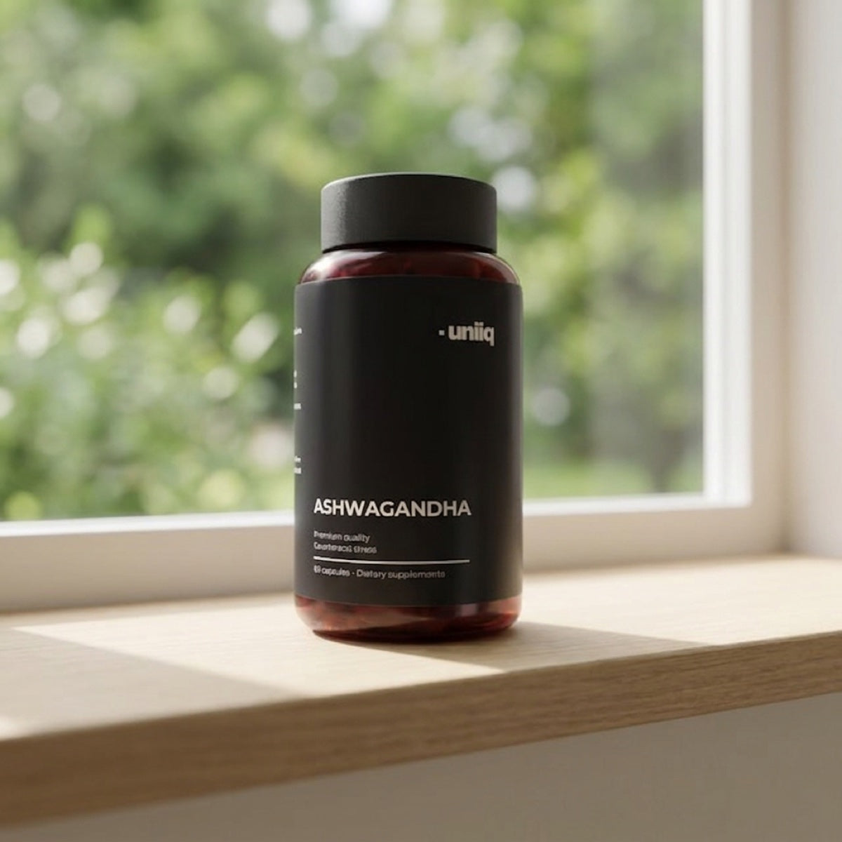 Uniiq Ashwagandha i vinduskarmen i rolig naturlig lys