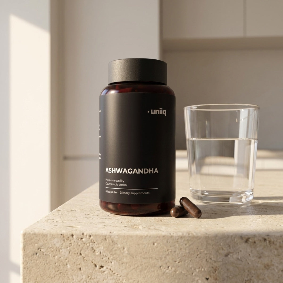 Uniiq Ashwagandha med to kapsler og et glass vann