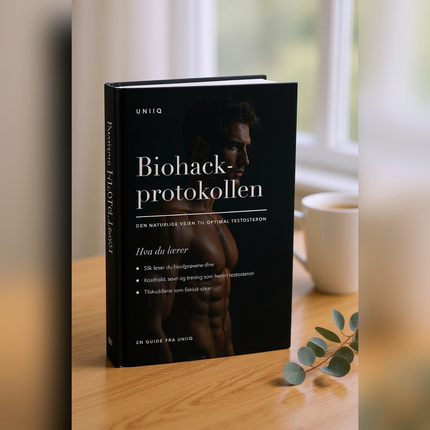 Biohack-protokollen e-bok som fysisk bok på et lyst trebord med kaffe
